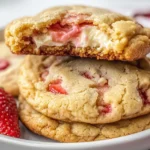 A stack of strawberry cheesecake cookies on a white plate, with fresh strawberries.