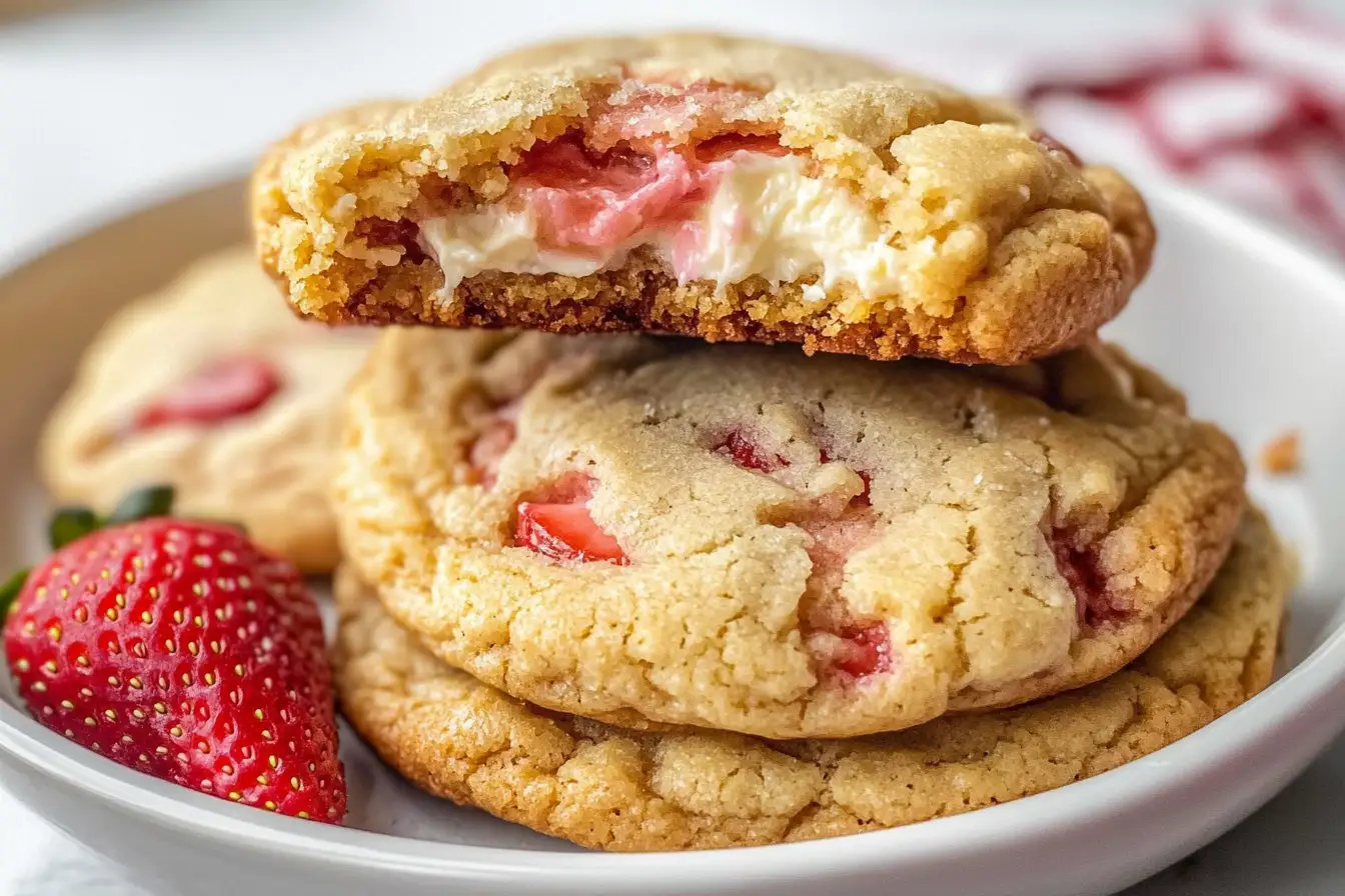 A stack of strawberry cheesecake cookies on a white plate, with fresh strawberries.