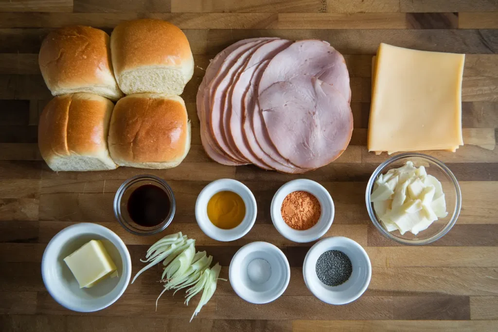 Ingredients for turkey Hawaiian roll sliders arranged neatly on a kitchen counter.