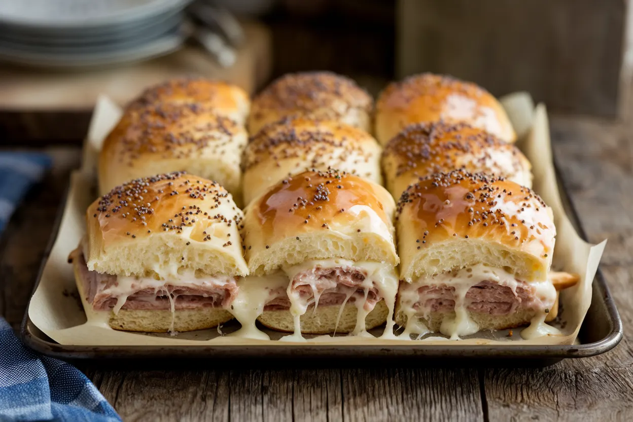 A tray of golden-brown turkey Hawaiian roll sliders with melted cheese.