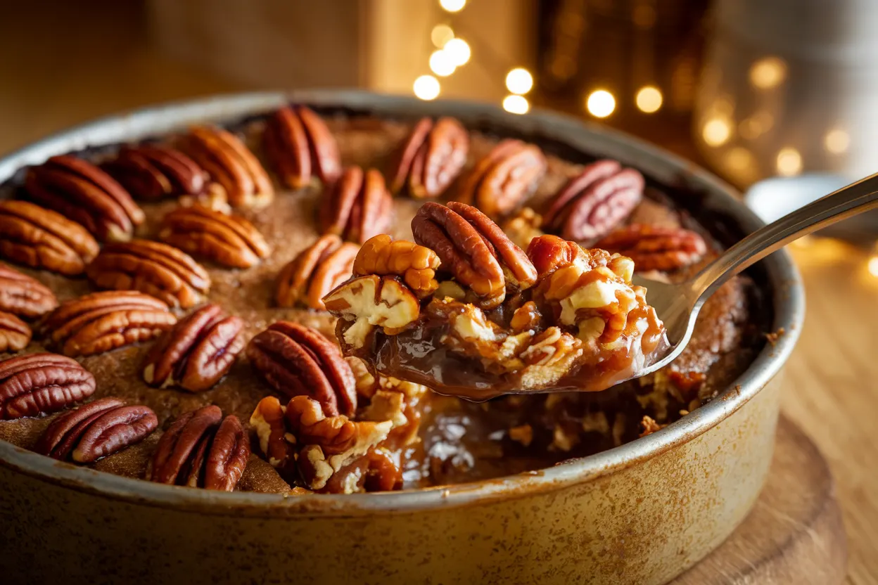 Freshly baked pecan pie cobbler with a gooey filling in a baking dish.