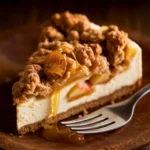 A slice of homemade apple crumble cheesecake with a golden crumble topping and caramel drizzle.