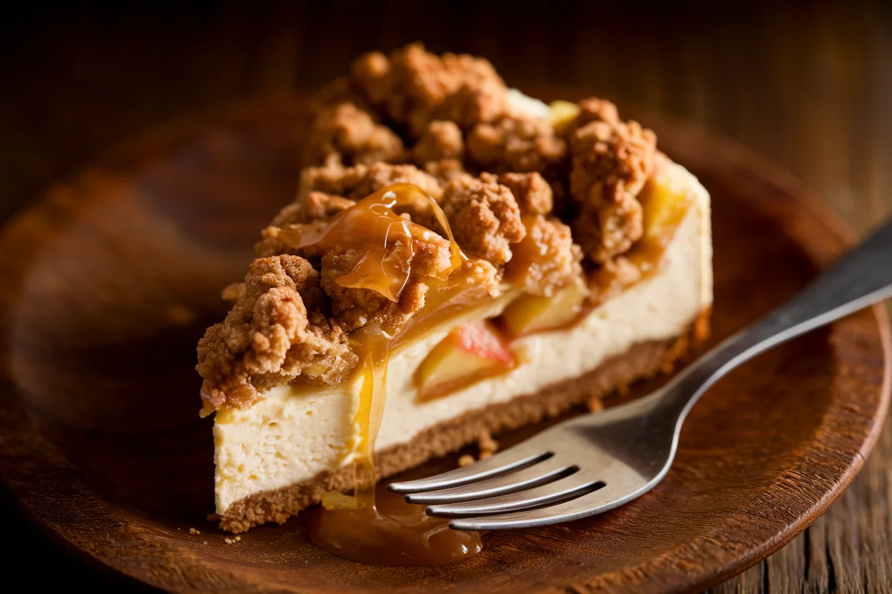 A slice of homemade apple crumble cheesecake with a golden crumble topping and caramel drizzle.