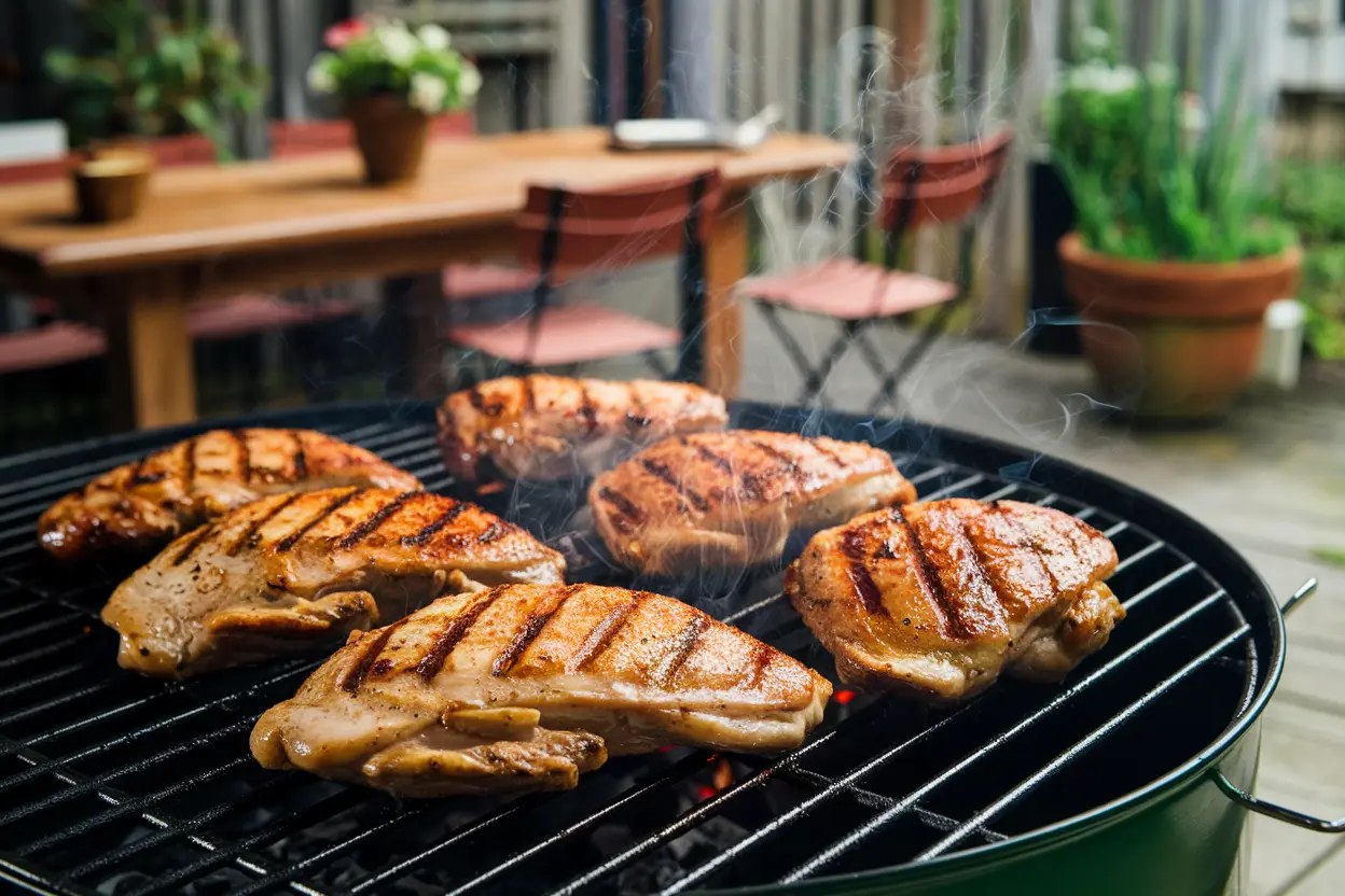 Chicken breasts grilling on a pellet smoker with visible smoke