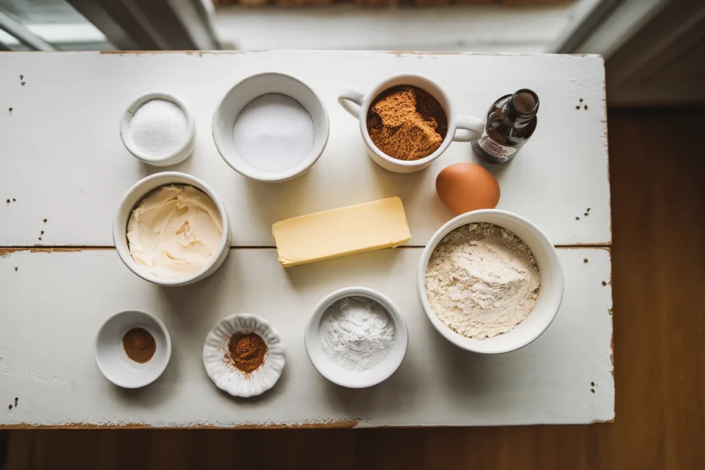 Fresh ingredients for making churro cheesecake cookies, including cream cheese, sugar, butter, flour, cinnamon, and vanilla extract.