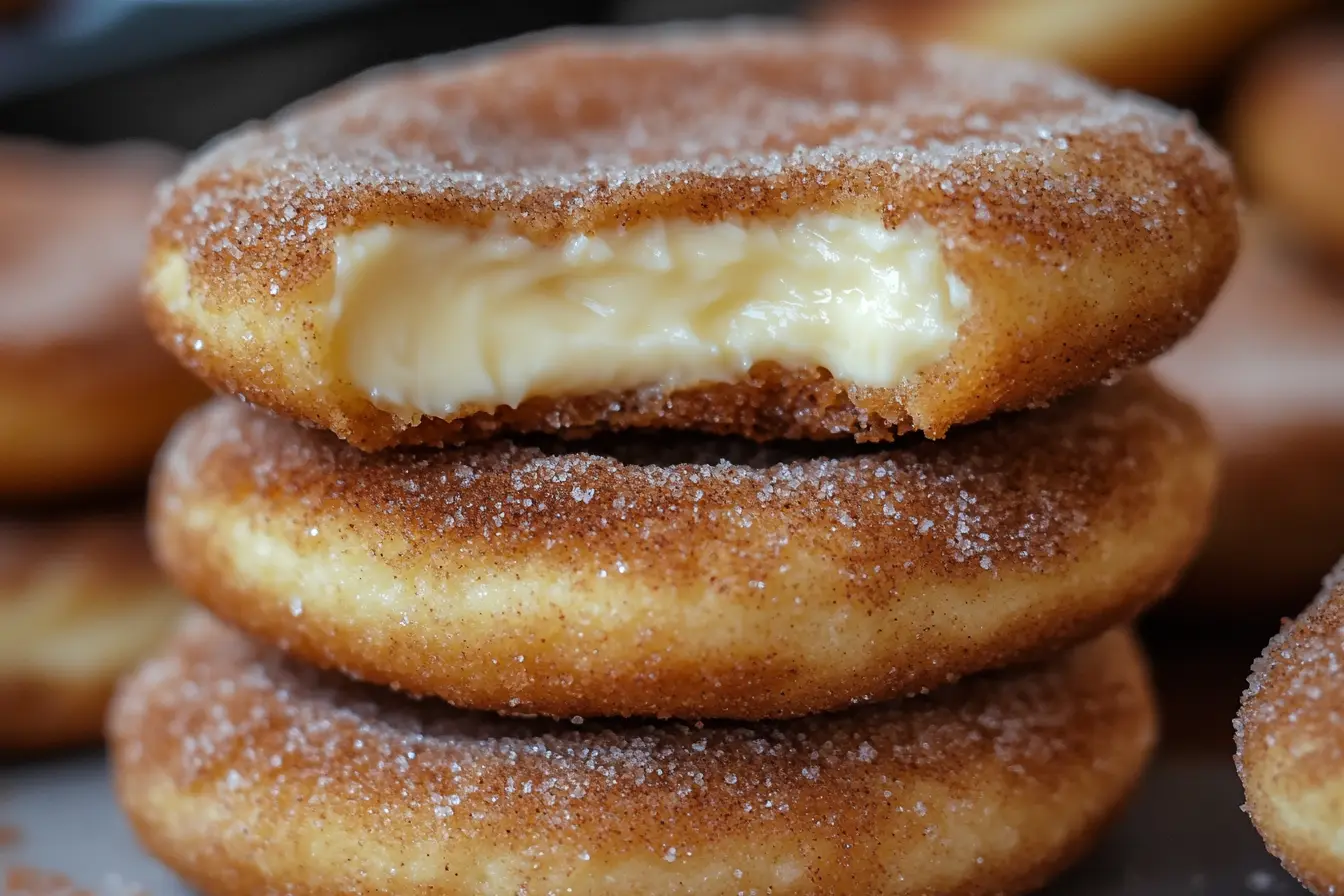 Churro cheesecake cookies with a creamy cheesecake center.