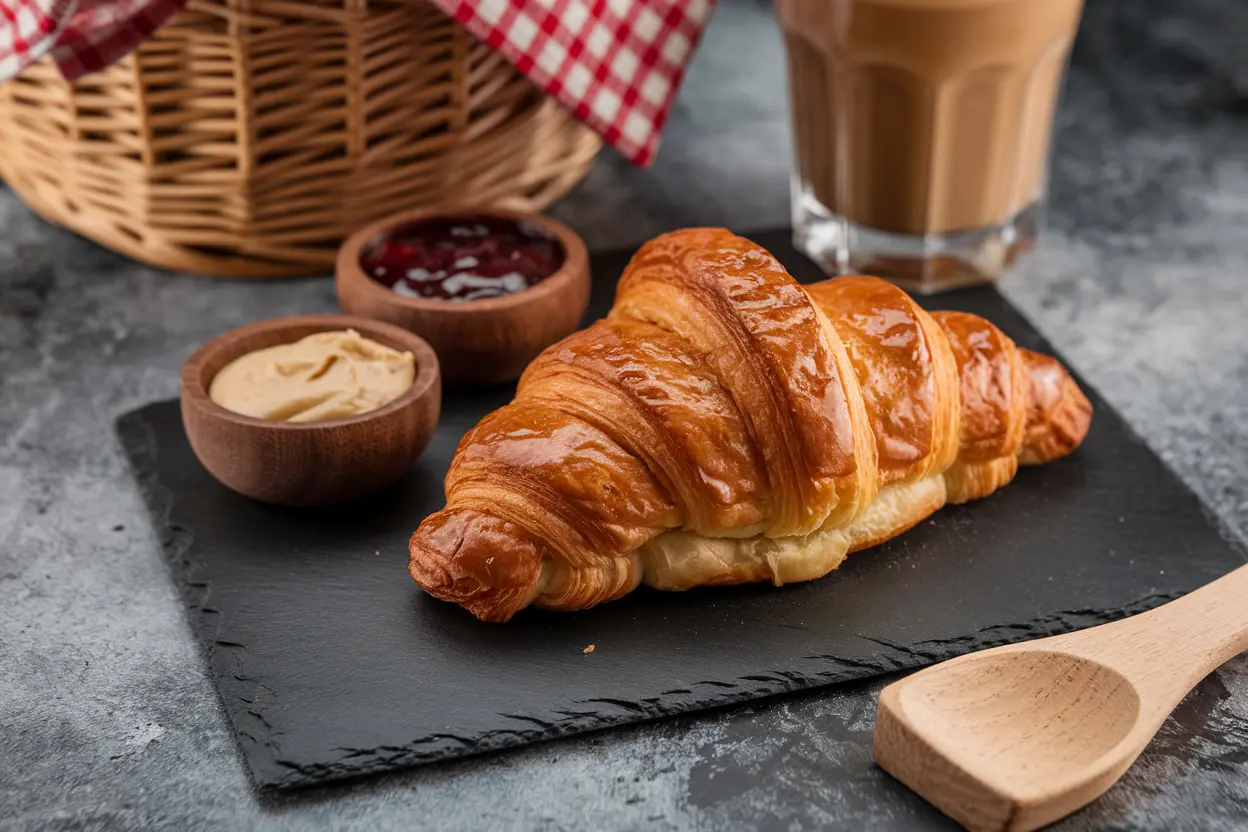 Freshly baked Swiss Gipfeli on a wooden board with butter and jam.