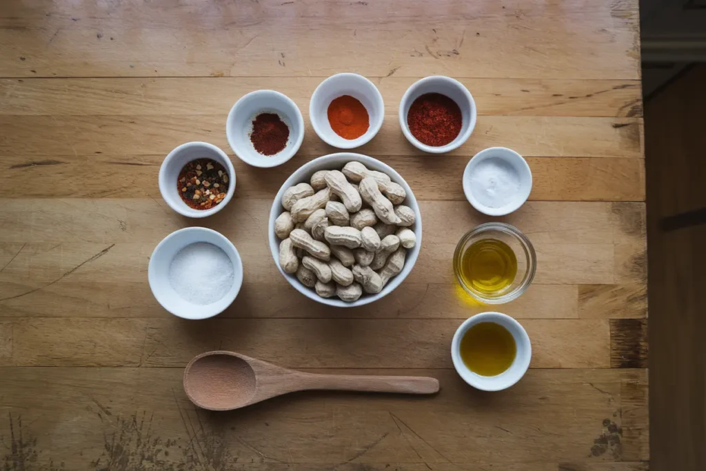  Ingredients for making spicy peanuts, including raw peanuts, chili powder, paprika, and olive oil.