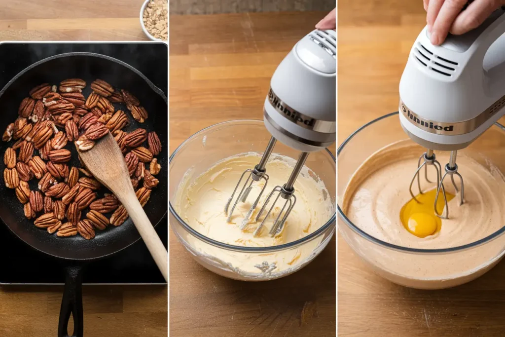  Step-by-step visuals of toasting pecans, creaming butter and sugar, and adding eggs for butter pecan pound cake.