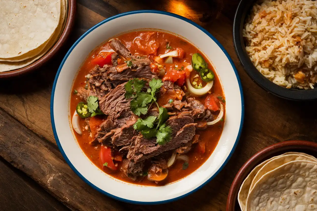 A plate of Bistec Ranchero with spicy tomato sauce, tortillas, and rice.