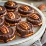 A plate of homemade pretzel Rolo pecan treats with glossy melted chocolate and crunchy pecans.