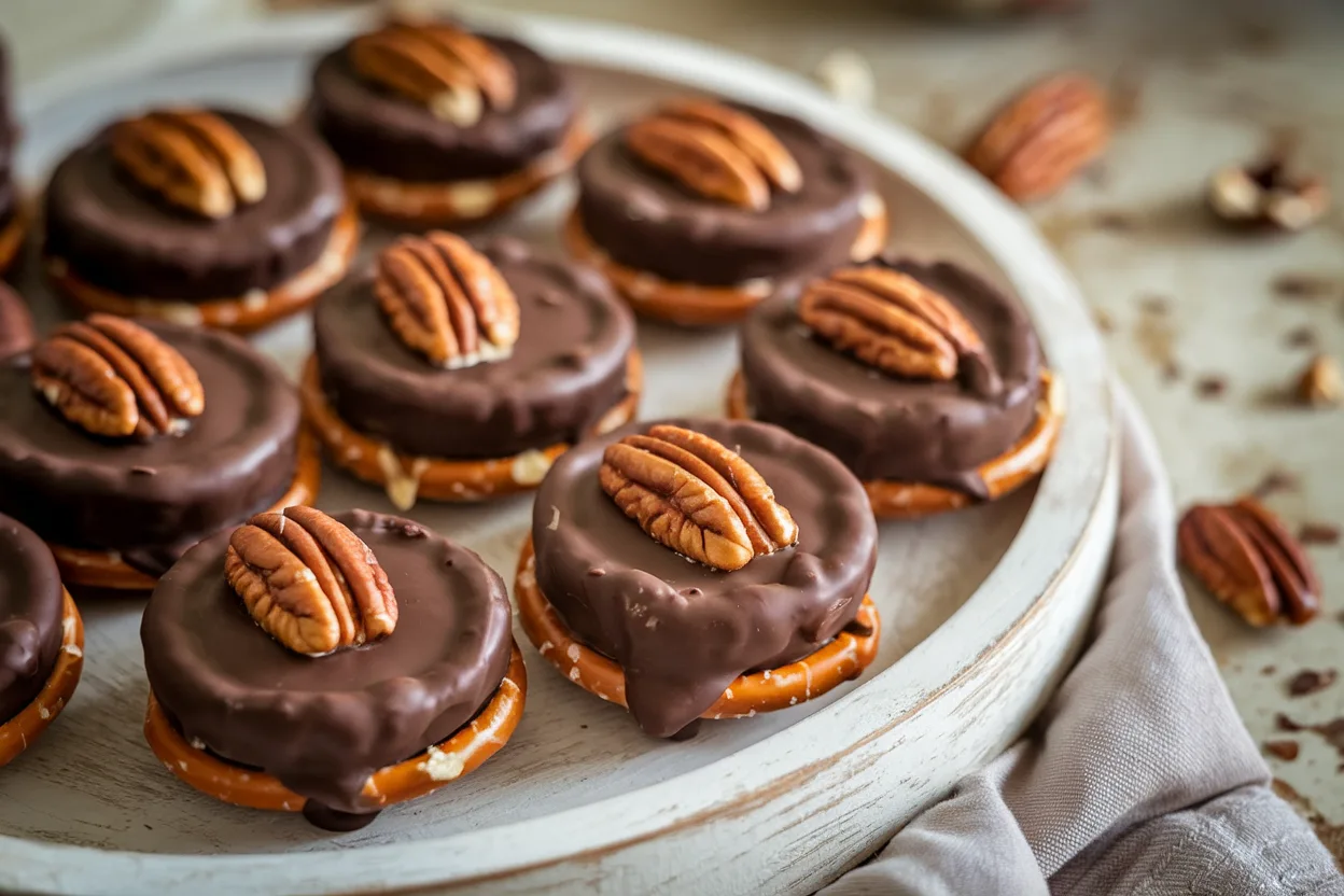 A plate of homemade pretzel Rolo pecan treats with glossy melted chocolate and crunchy pecans.