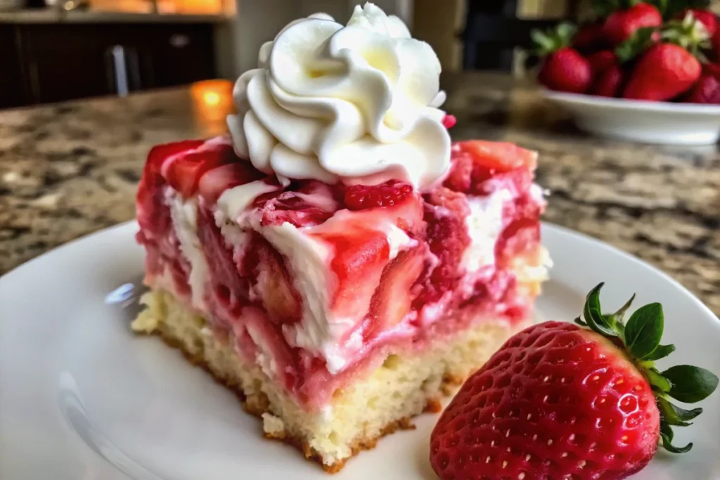 A slice of strawberry earthquake cake on a white plate with fresh strawberries.