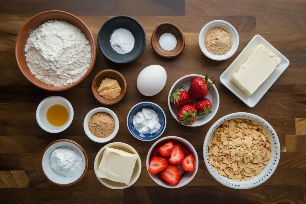 A flat lay of ingredients for strawberry cheesecake cookies, including flour, sugar, butter, cream cheese, strawberries, and graham cracker crumbs