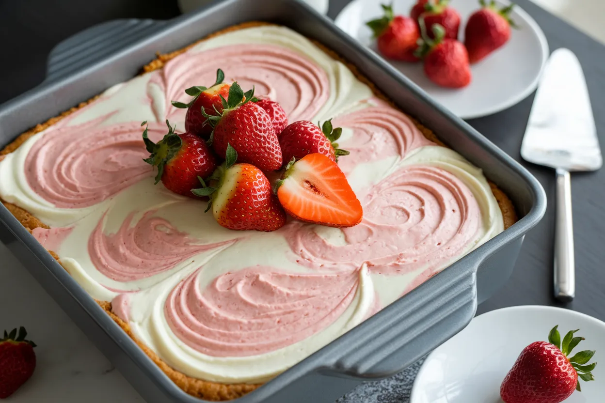 A freshly baked strawberry earthquake cake with creamy swirls and a slightly cracked golden top.