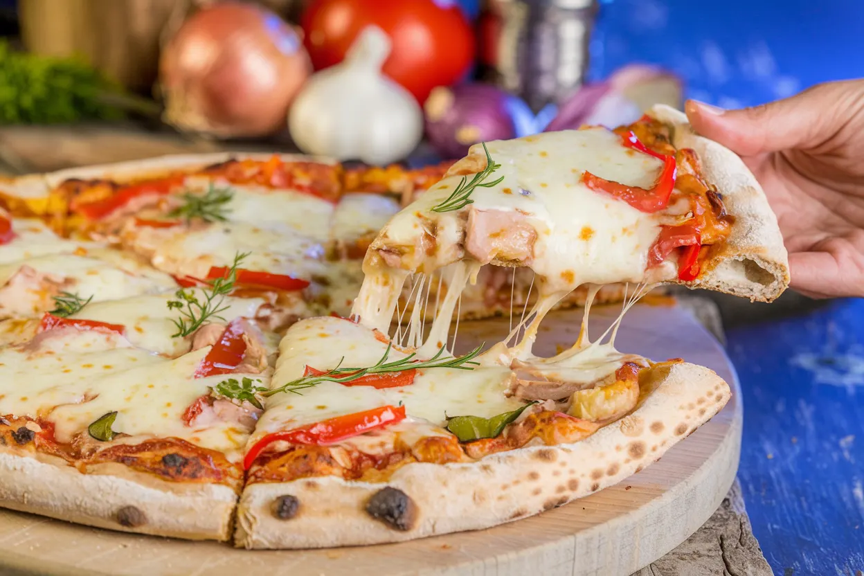 A homemade turkey pizza with melted cheese and bell peppers.