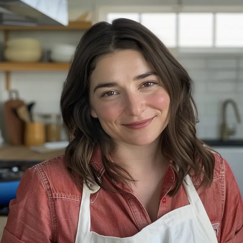 Sophia, the recipe creator behind SavoryFlow, smiling in her kitchen wearing a red shirt and apron