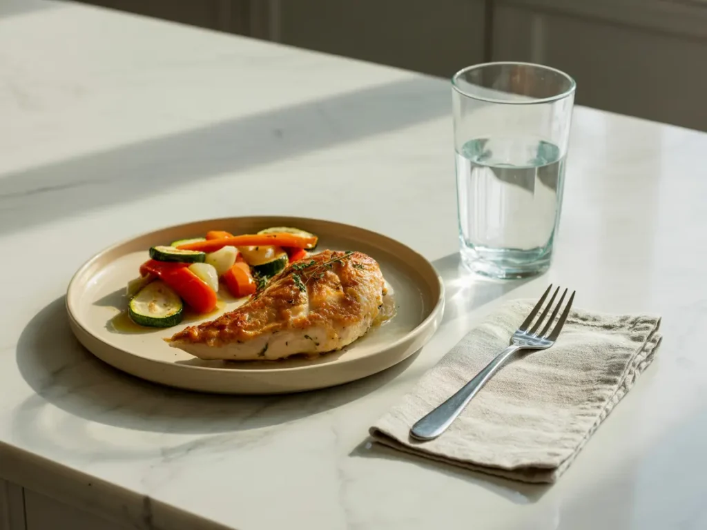 A golden roasted chicken breast served with sautéed vegetables on a beige plate, styled on a white marble countertop with a linen napkin and glass of water.